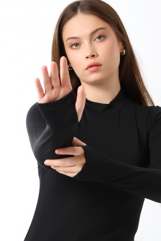 21756 KADIN YARIM BALIKÇI UZUN KOLU PARMAK GEÇMELİ  BLUZ 