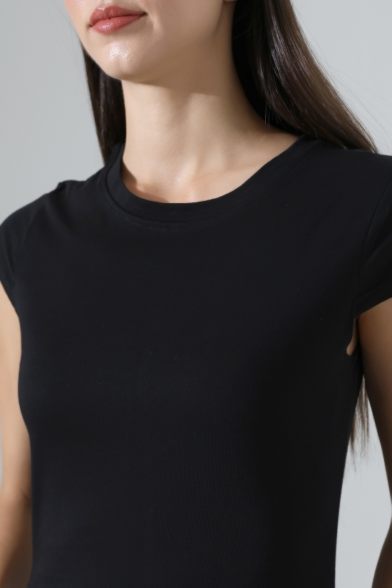22309  KADIN MİNİMAL KISA KOL İNCE PAMUKLU BİSİKLET YAKA TSHIRT 