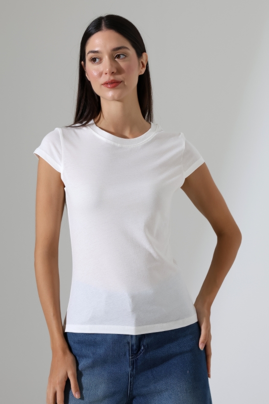 22309  KADIN MİNİMAL KISA KOL İNCE PAMUKLU BİSİKLET YAKA TSHIRT 