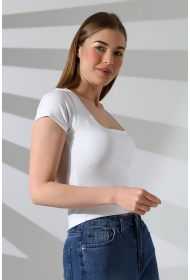 21804  KADIN KISA KOL FULL LYC RİB KOMPAKT PENYE TULUM  KARE YAKA T-SHIRT