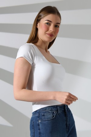 21804  KADIN KISA KOL FULL LYC RİB KOMPAKT PENYE TULUM KOL KARE YAKA T-SHIRT