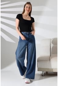 21804  KADIN KISA KOL FULL LYC RİB KOMPAKT PENYE TULUM  KARE YAKA T-SHIRT