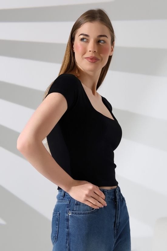 21804  KADIN KISA KOL FULL LYC RİB KOMPAKT PENYE TULUM KOL KARE YAKA BADY 