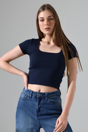 21804  KADIN KISA KOL FULL LYC RİB KOMPAKT PENYE TULUM KOL KARE YAKA T-SHIRT
