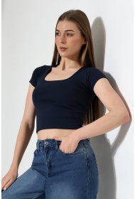 21804  KADIN KISA KOL FULL LYC RİB KOMPAKT PENYE TULUM  KARE YAKA T-SHIRT