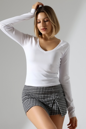 21948 KADIN UZUN KOL GENİŞ V YAKA FULL LYC RİBANA TSHIRT 