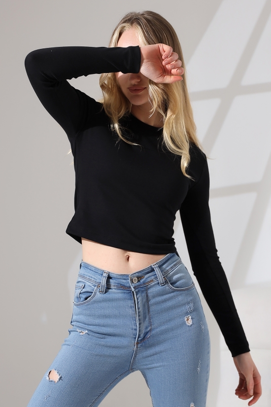 21651 KADIN FULL LYC COMPACK PENYE RİB UZUN KOL DİK BİSİKLET YAKA TSHIRT 