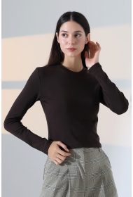 21651 KADIN FULL LYC KOMPAKT PENYE RİB UZUN KOL DİK BİSİKLET YAKA TSHIRT 