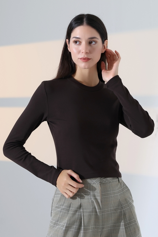 21651 KADIN FULL LYC KOMPAKT PENYE RİB UZUN KOL DİK BİSİKLET YAKA TSHIRT 