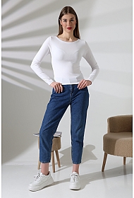 21897 KADIN KAYIK YAKA  FULL LYC KOMPAKT PENYE RİB UZUN KOL TSHIRT 