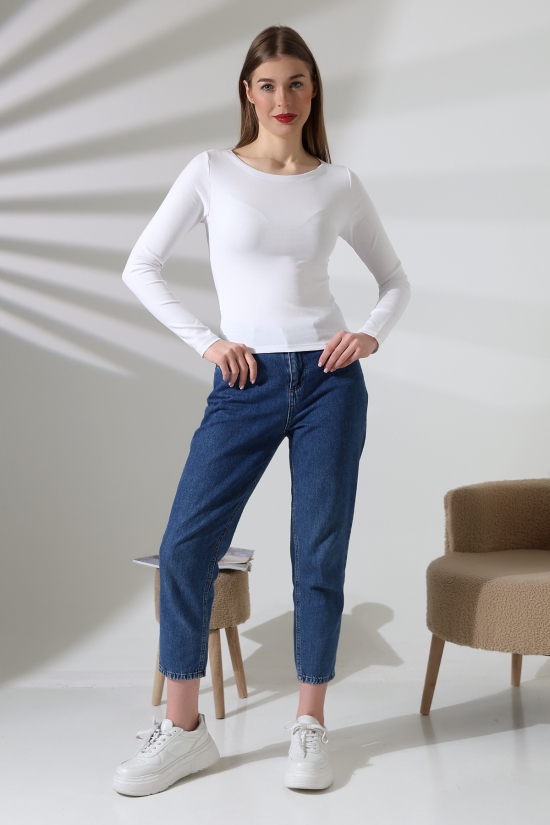 21897 KADIN KAYIK YAKA  FULL LYC KOMPAKT PENYE RİB UZUN KOL TSHIRT 