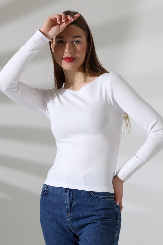 21897 KADIN KAYIK YAKA  FULL LYC KOMPAKT PENYE RİB UZUN KOL TSHIRT 