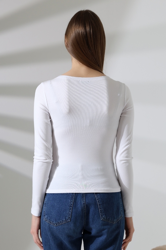 21897 KADIN KAYIK YAKA  FULL LYC KOMPAKT PENYE RİB UZUN KOL TSHIRT 