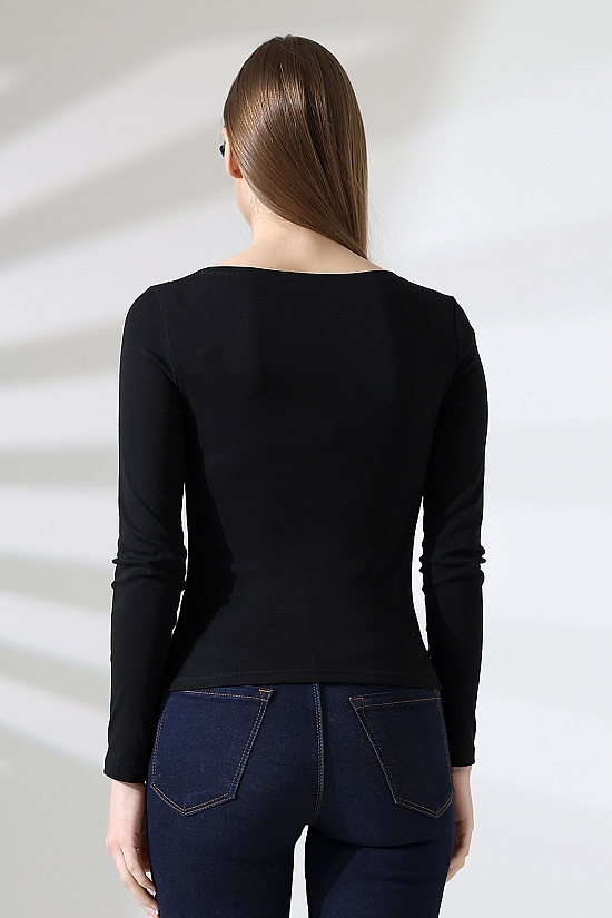 21897 KADIN KAYIK YAKA  FULL LYC KOMPAKT PENYE RİB UZUN KOL TSHIRT 