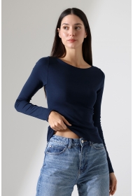 21897 KADIN KAYIK YAKA  FULL LYC KOMPAKT PENYE RİB UZUN KOL TSHIRT 