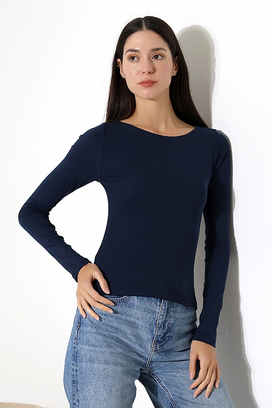 21897 KADIN KAYIK YAKA  FULL LYC KOMPAKT PENYE RİB UZUN KOL TSHIRT 