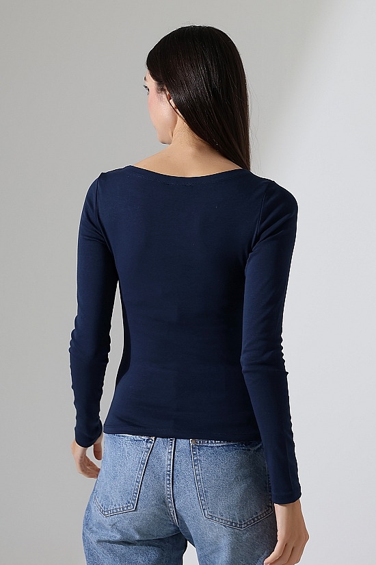 21897 KADIN KAYIK YAKA  FULL LYC KOMPAKT PENYE RİB UZUN KOL TSHIRT 