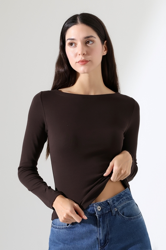 21897 KADIN KAYIK YAKA  FULL LYC KOMPAKT PENYE RİB UZUN KOL TSHIRT 