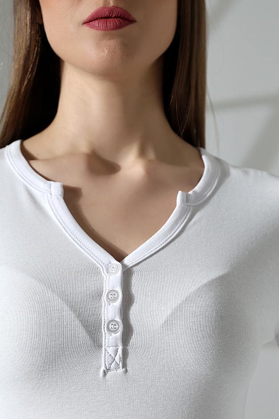 21926 KADIN FULL LYC KOMPAKT PENYE RİB UZUN KOL AÇIK PATLI DÜĞMELİ  TSHIRT 