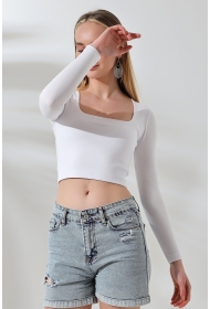 21650 KADIN FULL LYC COMP PENYE RİB UZUN KOL TULUM KARE YAKA KISA TSHIRT