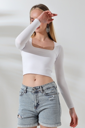 21650 KADIN FULL LYC COMP PENYE RİB UZUN KOL TULUM KARE YAKA KISA TSHIRT