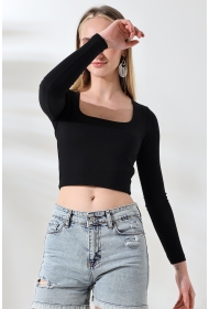 21650 KADIN FULL LYC COMP PENYE RİB UZUN KOL TULUM KARE YAKA KISA TSHIRT