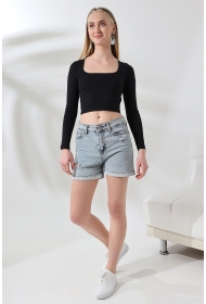 21650 KADIN FULL LYC COMP PENYE RİB UZUN KOL TULUM KARE YAKA KISA TSHIRT