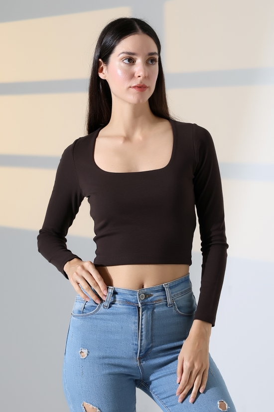 21650 KADIN FULL LYC COMP PENYE RİB UZUN KOL TULUM KARE YAKA KISA TSHIRT