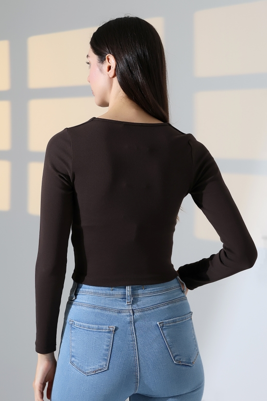 21650 KADIN FULL LYC COMP PENYE RİB UZUN KOL TULUM KARE YAKA KISA TSHIRT