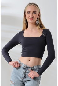 21650 KADIN FULL LYC COMP PENYE RİB UZUN KOL TULUM KARE YAKA KISA TSHIRT