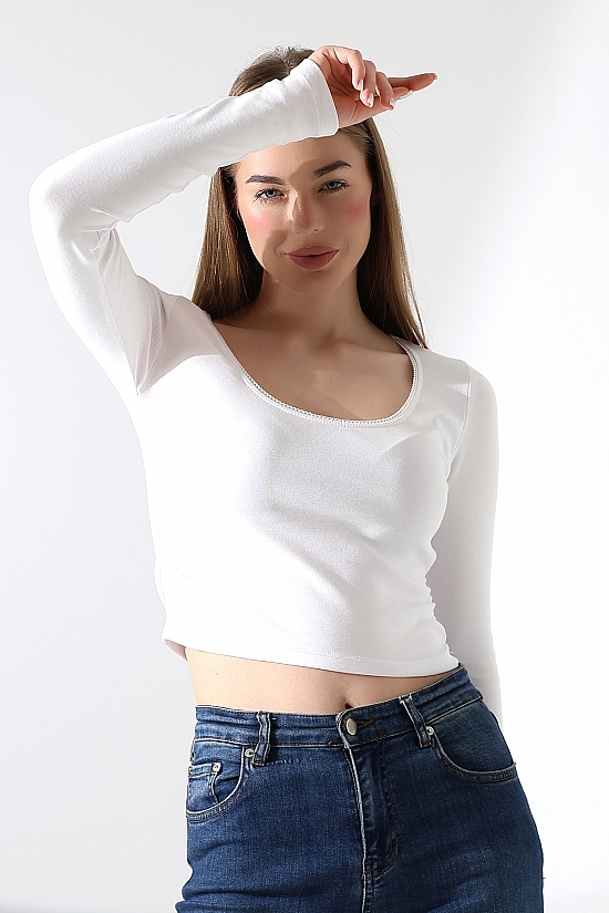 21946 KADIN FULL LYC COMP PENYE RİB UZUN KOL  U YAKASI TIRN LAST.DANTEL YAKA TSHIRT