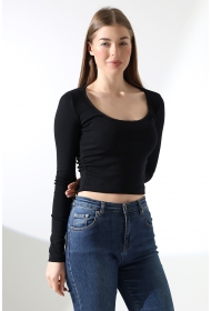 21946 KADIN FULL LYC COMP PENYE RİB UZUN KOL OVAL YAKASI TIRN LAST.DANTEL YAKA TSHIRT