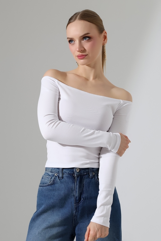 22141 KADIN KAYIK YAKA FULL LYC RİB UZUN KOL REGLAN VE OMUZ DÜŞÜMLÜ TSHIRT 