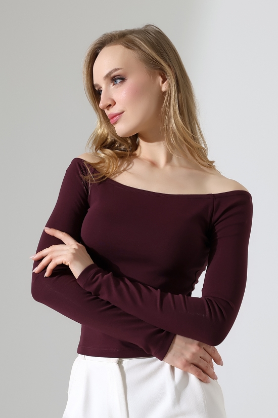 22141 KADIN KAYIK YAKA FULL LYC RİB UZUN KOL REGLAN VE OMUZ DÜŞÜMLÜ TSHIRT 