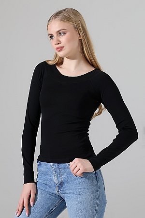 22195 KADIN REGLAN KARYOKALI KAYIK KALIN YAKA FULL LYC KOMPAKT PENYE RİB UZUN KOL TSHIRT 