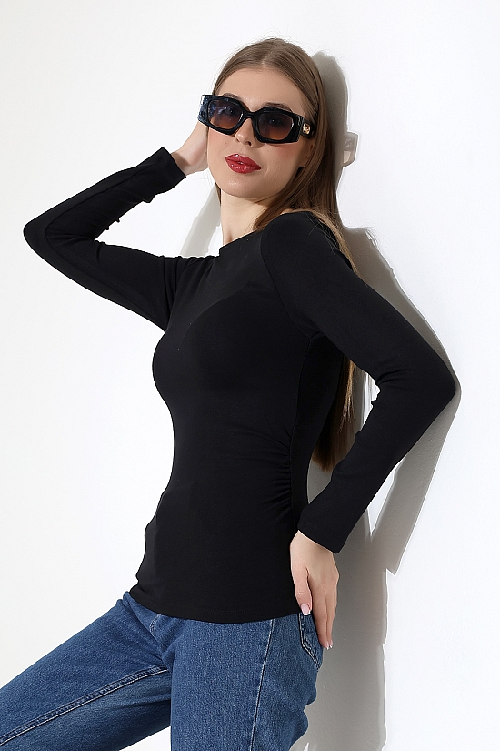 21951 KADIN KAYIK YAKA YANLARI LAST BÜZGÜLÜ FULL LYC VORTVİSK RİBANA UZUN KOL TSHIRT 