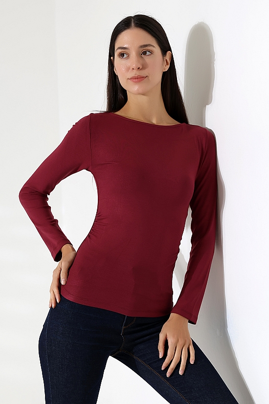 21951 KADIN KAYIK YAKA YANLARI LAST BÜZGÜLÜ FULL LYC VORTVİSK RİBANA UZUN KOL TSHIRT 