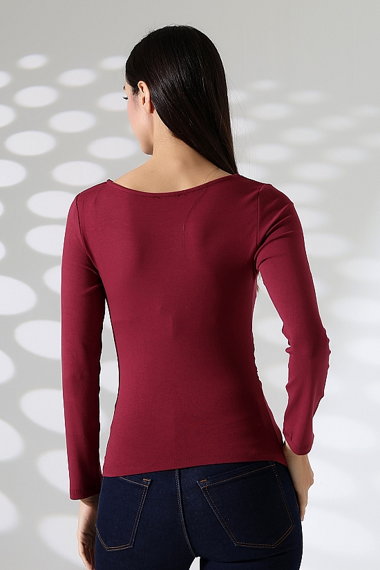 21951 KADIN KAYIK YAKA YANLARI LAST BÜZGÜLÜ FULL LYC VORTVİSK RİBANA UZUN KOL TSHIRT 