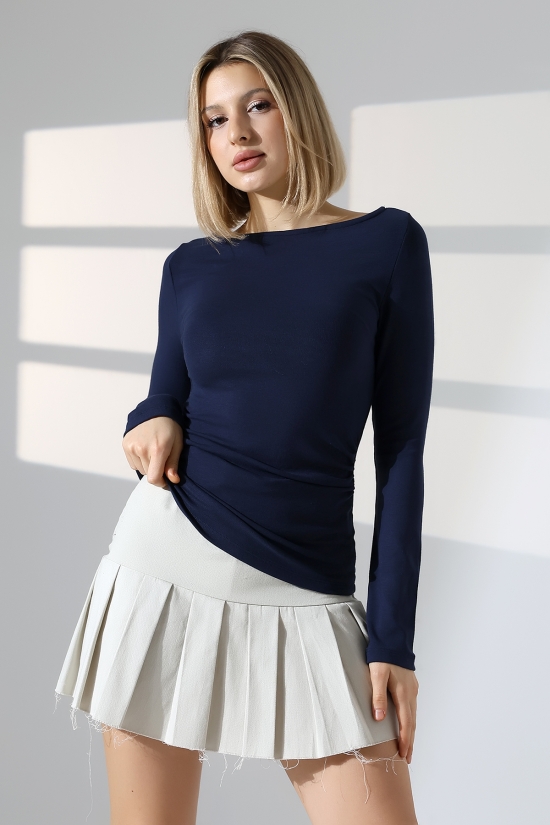 21951 KADIN KAYIK YAKA YANLARI LAST BÜZGÜLÜ FULL LYC VORTVİSK RİBANA UZUN KOL TSHIRT 