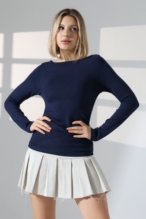 21951 KADIN KAYIK YAKA YANLARI LAST BÜZGÜLÜ FULL LYC VORTVİSK RİBANA UZUN KOL TSHIRT 