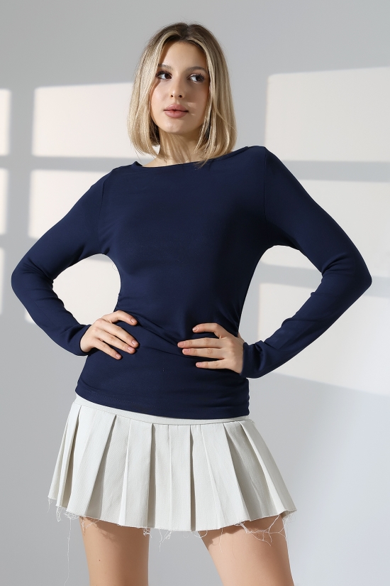 21951 KADIN KAYIK YAKA YANLARI LAST BÜZGÜLÜ FULL LYC VORTVİSK RİBANA UZUN KOL TSHIRT 