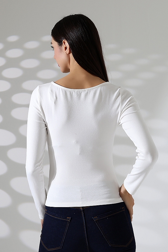 21951 KADIN KAYIK YAKA YANLARI LAST BÜZGÜLÜ FULL LYC VORTVİSK RİBANA UZUN KOL TSHIRT 