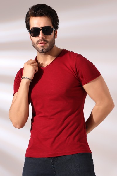 19958 ERKEK KISA KOL V YAKA PİS DİKİMLİ FLAMLI TSHIRT 