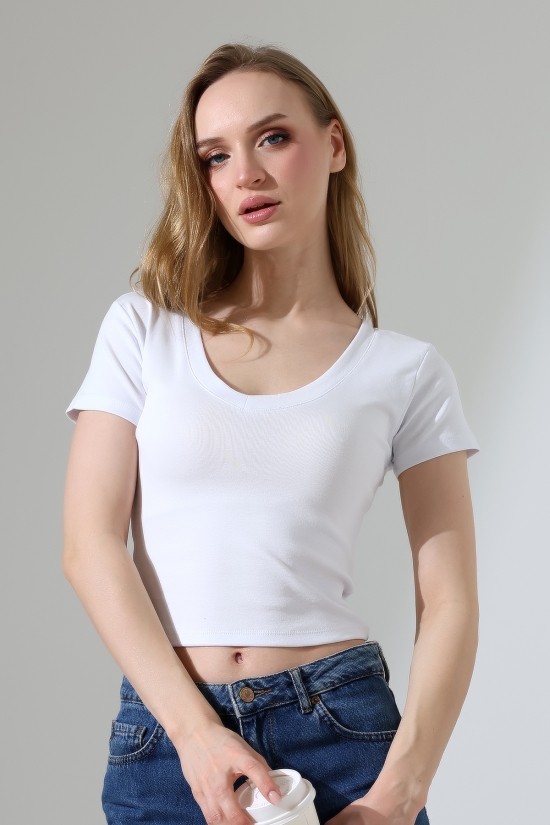 22109 KADIN FULL LYC RİB. KISA KOL GENİŞ BİYELİ GENİŞ V YAKA TSHIRT