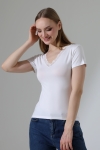 22268 KADIN V YAKASI DANTELLİ FULL LYC VORTVİSK KISA KOL BLUZ 