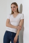 22268 KADIN V YAKASI DANTELLİ FULL LYC VORTVİSK KISA KOL BLUZ 