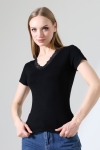 22268 KADIN V YAKASI DANTELLİ FULL LYC VORTVİSK KISA KOL BLUZ 