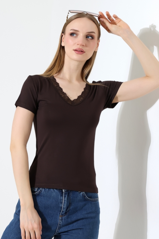 22268 KADIN V YAKASI DANTELLİ FULL LYC VORTVİSK KISA KOL BLUZ 