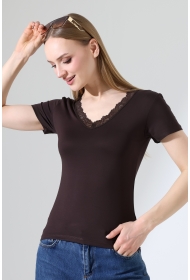 22268 KADIN V YAKASI DANTELLİ FULL LYC VORTVİSK KISA KOL BLUZ 