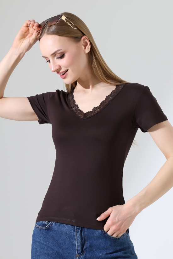 22268 KADIN V YAKASI DANTELLİ FULL LYC VORTVİSK KISA KOL BLUZ 